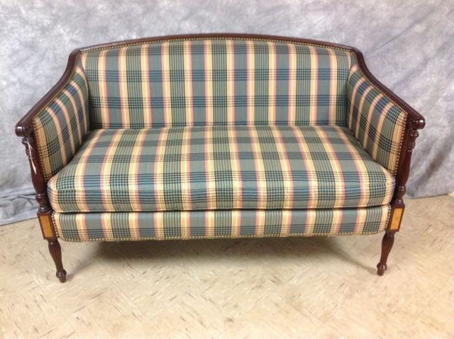 Hickory Chair Company Settee: 31" high x 52" long x 28 deep spring down seat cushion with duck down and feathers, Sheraton style love seat, mahogany frame.