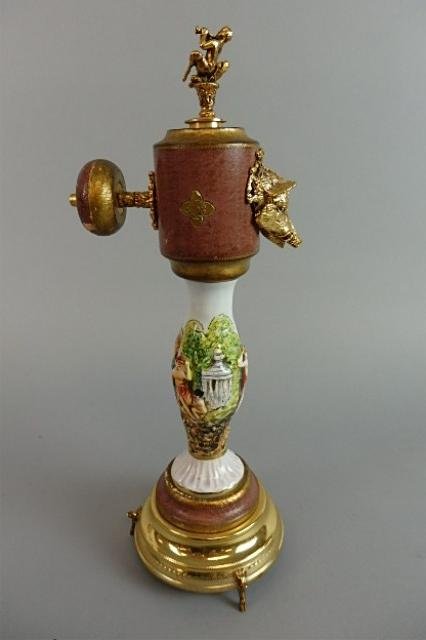 Capodimonte Musical Pepper Mill: 12" tall w/ Reuge Swiss musical movement, Doctor Zhivago Lara's Theme, decorated w/semi-nude women, boar's head, Satyr finial.