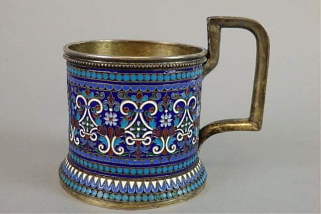 Russian Silver Kovsch Cup: 3 1/4" tall incl handle w/3" dia., cloisonee Russian silver Kovsch cup with goldwash interior, signed on base A.A. 1891, 84.