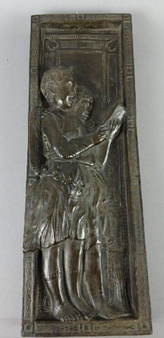 Italian Pottery Wall Plaque: 19 1/2" x 7" x 1 1/4" raised relief of two winged children singing, impressed seal & no. 711, minor chip to right corner rear