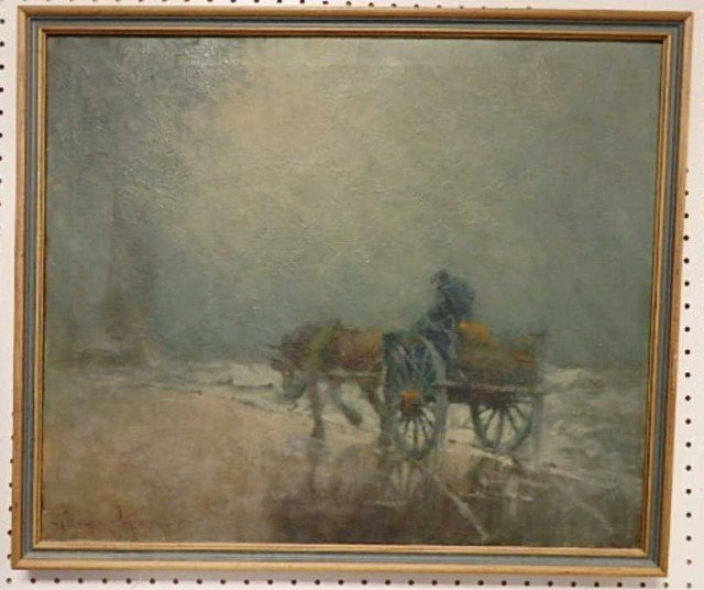 Oil on Canvas: 21" x 24" image, 23" x 27" overall size incl frame, off to gather kelp, signed lower left G. (George) Thompson Pritchard (1878-1962), scratch over face of driver of cart.