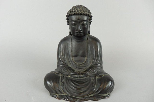 Bronze Seated Buddha: 8" high, 7" long, 5 1/2" deep, Japanese Meiji bronze buddha, artist signed on base