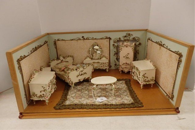 Miniature Room: Miniature Puppen Mobel room of French decor, 15.5" x 22.5" x 9.5." Includes seven pieces of free-standing bedroom furniture, Spielwaren, Puppen Mobel, made in Germany.