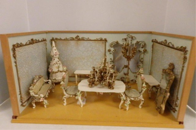 Miniature Room: Miniature room of French decor, 18.5" x 11.5" 9.5" Includes eleven pieces of free-standing dining room furniture, Spielwarn, Puppen Mobel, made in Germany.