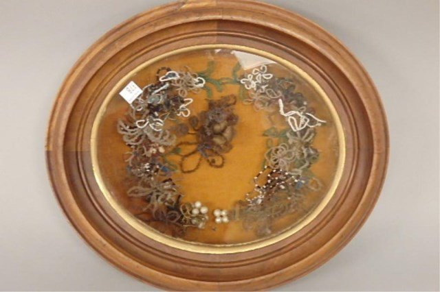 Victorian Hair Weaving: Hair and bead weaving in shape of wreath, set in a 13" x 15" deep walnut shadow box frame.