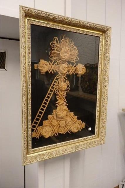 Victorian Elderberry Pulp Sculpture: Sculpture measures 25" x 17" cross and ladder made of elderberry pulp, set in a 30" x 22" x 6" shadow box frame.