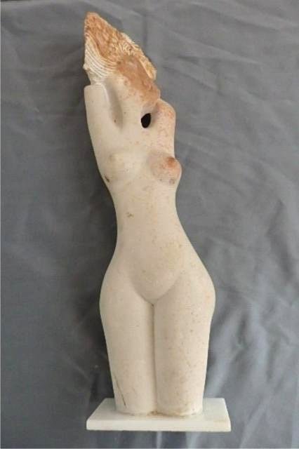 Stone Carving: measuring 20" x 6" W x 4.5" Weight approx. 20-25 lbs. Artist: Richard Mupumha Title: Bathing White Nude Medium: Chiweshe white