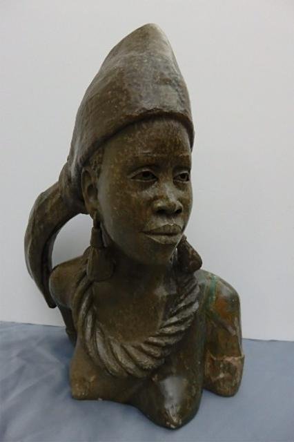 Stone Carving: African Woman Bust, measures 16" x 8.5"x 7.5D, Weight approx 30-40 lbs. Signed James Tandi Artist: James Tandi Title: Shona Bride Medium: Verdite