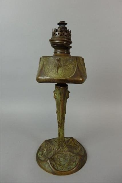 Nouveau Bronze Lamp Signed Leleu Paris Salon: 14" tall, not including lamp mechanism, bronze oil lamp, base is 7.25" diameter, thistle theme modeled in relief; made in France and signed Georges Leleu and Salon 1904; original patina.