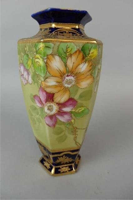 Nippon Vase: 9" six-panel handpainted Nippon vase, floral decoration.