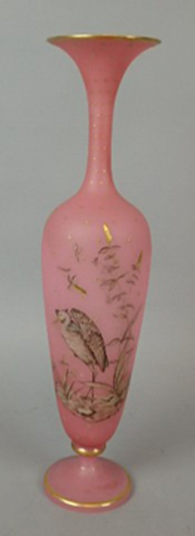 Victorian Vase: 17.25" tall pink opaline enamel decorated Victorain vase, full form of a heron in water setting, very small flake on base.