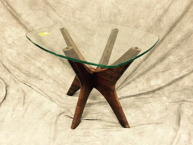 Glass Top Side Table: Mid century style, 19" T with X style frame, glass top is 20" W x 24" L, unmarked.