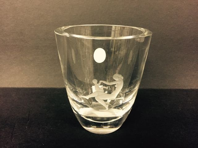 Orrefors Colorless Glass Vase: 4.75" with a 3.25" opening Orrefors vase, etched with a female with baby.
