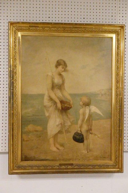 Jean - Aubert Oil on Canvas: Image 38" x 28" attached metal plate, Jean Aubert, "L'Amour en Vacances", also signed lower rt. Jean - Aubert '86 (1886) overall size 44" x 34" with early gilt frame, painting relined