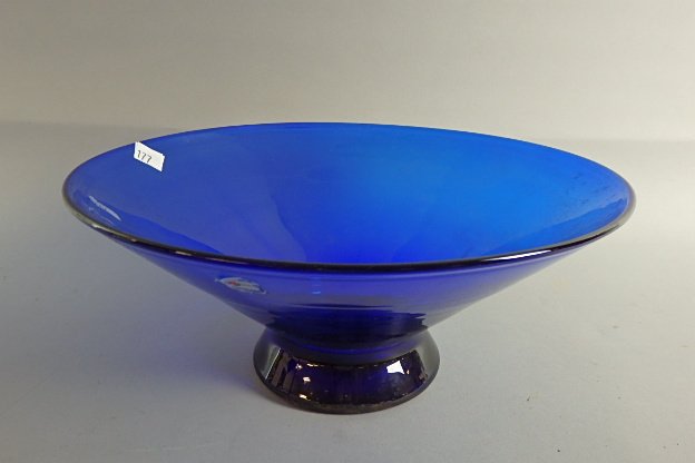 Blenko Blown Glass Centerbowl: 5.25X 12" Diameter centerbowl cobalt blue original Blenko Label