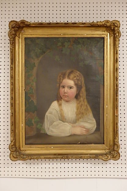 Potrait Oil On Canvas: Measures 28" x 21" Image. Framed 35" x 28". Portrait of Charlotte Bullions painted by her mother, Lucy E.(Edy) Bullions, circa 1860's, Early Gilt frame as is condition
