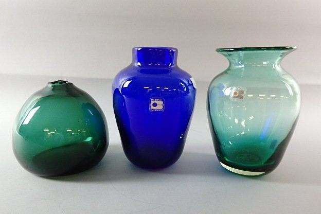 Blenko Glass Vases: 5" to 7" Green, pale green and cobalt blue, 2 with original labels