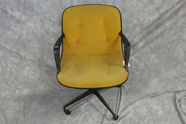 Charles Pollock Mid-Century office chair: Charles Pollock Mid-Century office chair, mustard cloth seat and back, stained