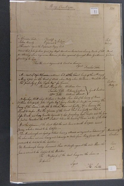 Revolutionary War Era Court Document: Virginia, Prince Wm. County, May 1781, ~ 16.5" t x 10.25" w. Court trial of Will alias Billy, alias William, a Mulatto slave, the property of John Taylor, Esq., for Treason. Document describes court p