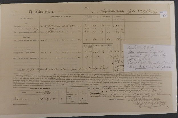 3 Paymaster Expense Documents: (2) Paymaster Expense Documents for expenses by white officers for a servant William, a Negro and Essex, a black boy and (1) 1867 Paymaster Expense document for a servant John, a Negro. Condition Fine