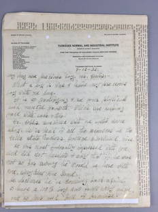 George W. Carver Hand Written Letter: Hand written letter by George Washington Carver on Tuskegee Normal and Industrial Institute letterhead, 9-12-32 (1932). Mr. Carver is writing to one of his brighter students and opens the letter with