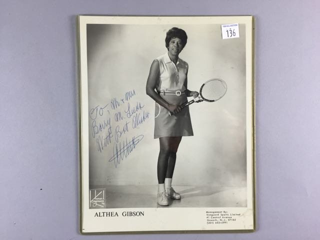 Althea Gibson Autograph: 10" t x 8" w, signed photograph of Althea Gibson, "To Mr. and Mrs. Barry M. Leeds with Best Wishes Althea Gibson". Condtion - fine