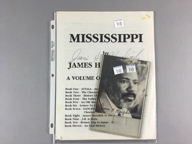 2 James H. Meredith Autographs: 1) 11" t x 8.5" w book sale advertisement for "Mississippi by James H. Meredith" . Signature is directly above the printed James H. Meredith on flier. Condition - clean 2) 5" t x 4" w photo of James H