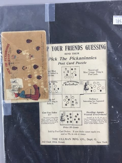 Pick The Pickaninnies Puzzle: Circa 1910, Pick the Pickanninnies post card puzzle by The Ullman Mfg. Co., N.Y. Complete with paperwork and rotating Pickaninnie heads. Condition-very good