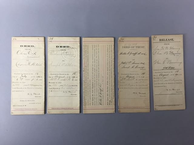 4 Signed Deeds By B.K. Bruce: Signature of Blanche Kelso Bruce (1841-1898) on deeds when he was the Recorder Of Deeds in the District of Columbia, all 4 deeds are dated 1890. Condition - 3 in very good condition, the 4th is torn i