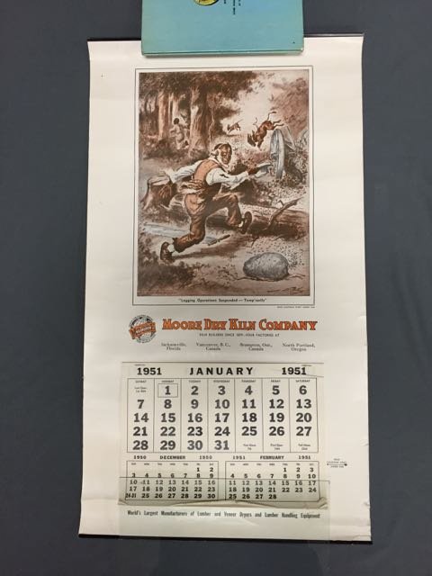 1951 Advertising Calendar: 1951 for Moore Dry Kiln Company, depicting stereotypical caricature of "Uncle 'Neas". Calendar is rolled and has all 12 months. The image shows an elder black man running through the woods dropping hi