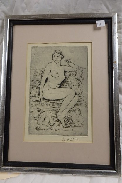 Walt Kuhn Etching: Etching 8.5" x 5.5" image, framed 15.5" x 11.5," etching, signed lower right Walt Kuhn, Nude with Cigarette.