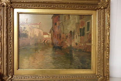 Frits Thaulow Oil on Board: Oil on wood panel 12.5" x 16" image, framed 16" x 19.25," oil on board, depicting a Venetian water canal scene, artist signed lower right corner, Frits Thaulow, On reverse there is a red wax seal on r