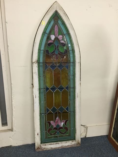 Stained Glass Church Window: 7' tall x 28" wide colorful stained glass window, few small cracks in glass panel, no glass missing