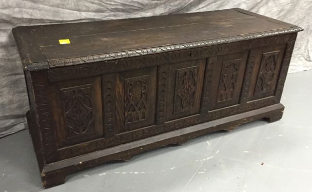 European Oak Blanket Chest: 49" long x 20" tall x 18" deep,carved panels, crack in lid, late 1800's, Lord and Taylor tag
