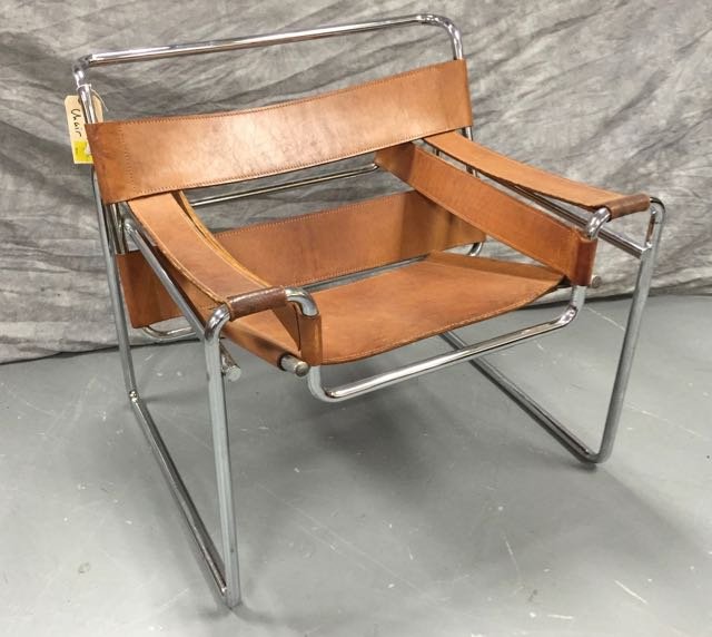 Wassily Arm Chair: Chrome and brown leather arm chair, minor stains on leather