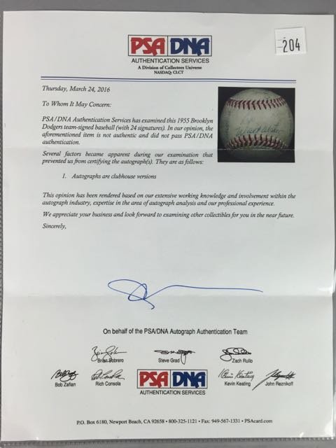 Club-Signed 1955 Dodgers Baseball (1 of 2)