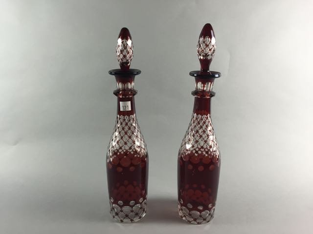 Pair of cranberry cut to clear decanters (1 of 4)