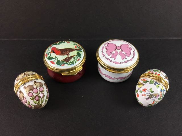 4 Enamel Pill Boxes: 2 Halcyon Days 1.25" egg shaped pill boxes, 2 Alastor enamel pill boxes