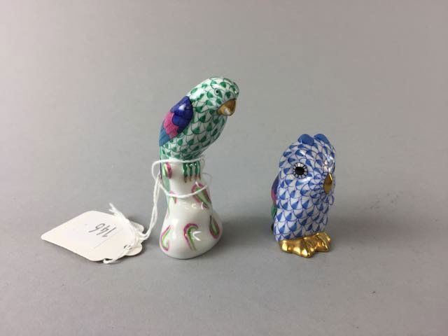 Herend Lot: 2.75" Herend green parrot, 1.75" Herend blue owl