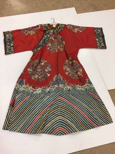 Antique Chinese Embroidered Robe: red silk and heavily embroidered floral and rainbow Chinese robe, stain on right arm, few small stains, beautiful buttons, gold thread lifting in 1 area.