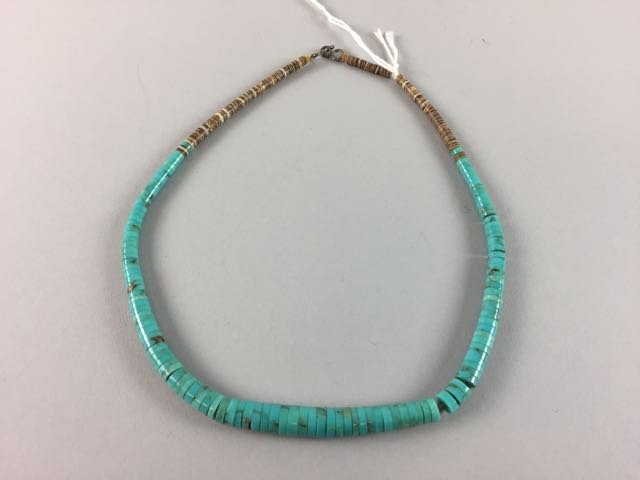 Native American Turquoise Necklace: 14" Turquoise and shell choker