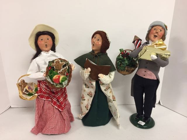 Byer's Choice 3 Carolers: Cookie Vendor, Williamsburg (1998) & Victorian shopper.