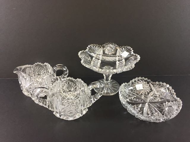 4 Pieces Cut Glass: Includes Hoare cream and sugar, Fry small compote, nappy-very minor chip on compote