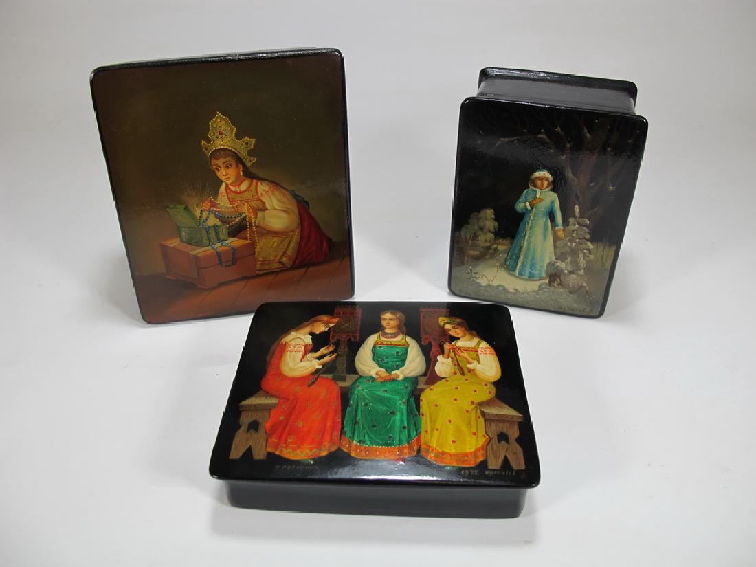 3 Vintage Russian painted papier mache boxes: 3 Vintage Russian painted papier mache boxes, signed. 1 5/8” H x 4 1/4” W x 3 5/8” D, 1 7/8” H x 3 5/8” W x 2 3/4” D & 7/8” H x 3 7/8” W x 3 1/2” D. Shipping in USA or International 