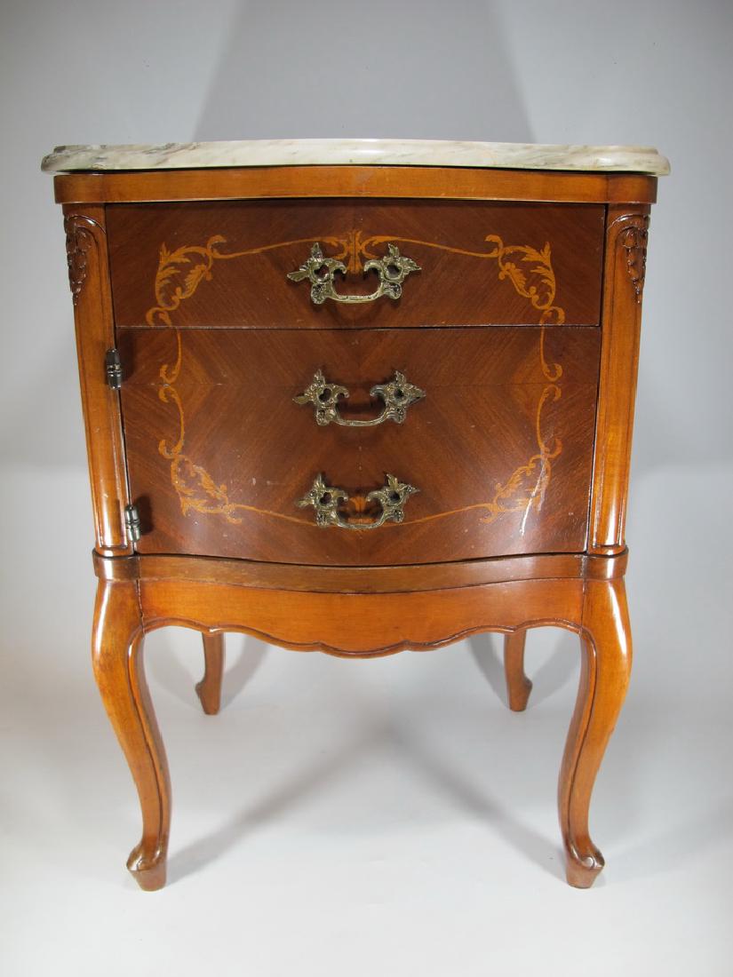 Antique French Louis XV style inlaid nightstand: Antique French Louis XV style inlaid nightstand with a marble top. 25 5/8” H x 17 1/4” W x 14” D. Shipping in USA or International please contact James Lawrence from the local UPS Store: 954-463