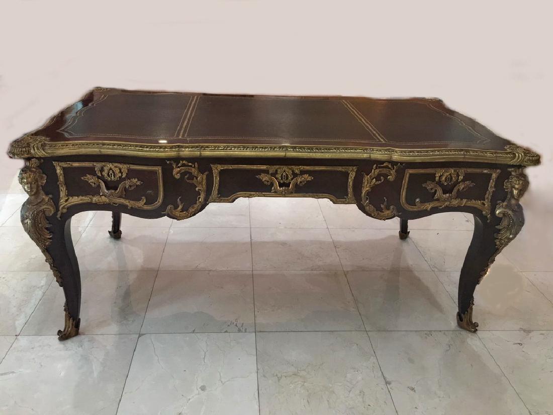 Amazing European bronze ormolu & leather top desk: Amazing European bronze ormolu & leather top desk. 31" H x 69 1/2” W x 37 1/2” D. Shipping in USA or International please contact James Lawrence from the local UPS Store: 954-463-0444, FloridaUPS@