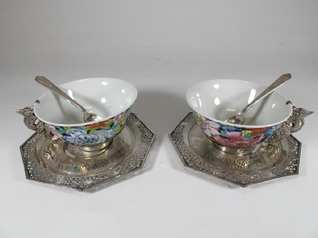 Antique Chinese pair of silver & porcelain cups (1 of 10)