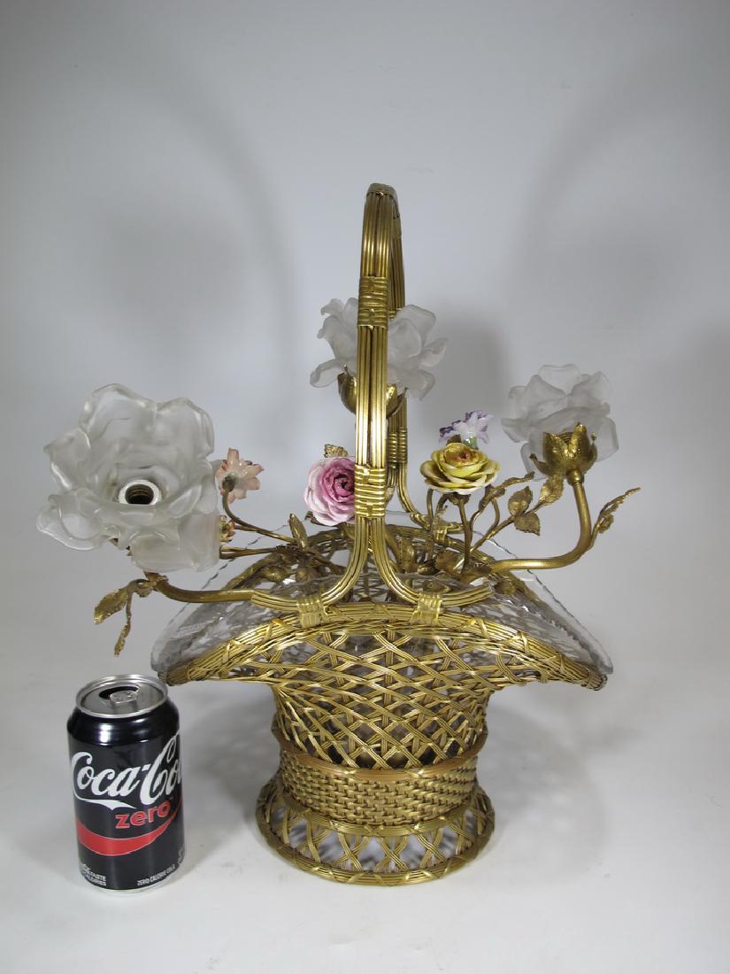 Antique French bronze, glass & porcelain basket lamp (1 of 8)