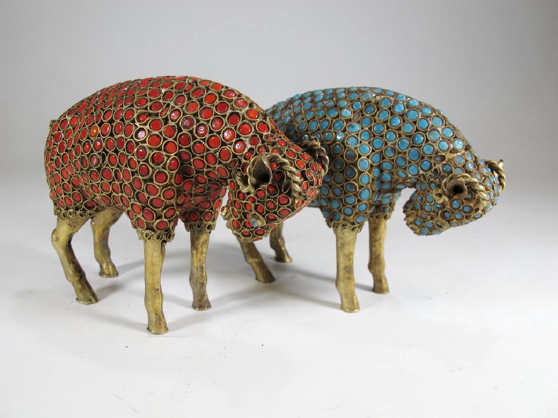 Vintage Chinese brass turquoise & coral animal statues (1 of 8)