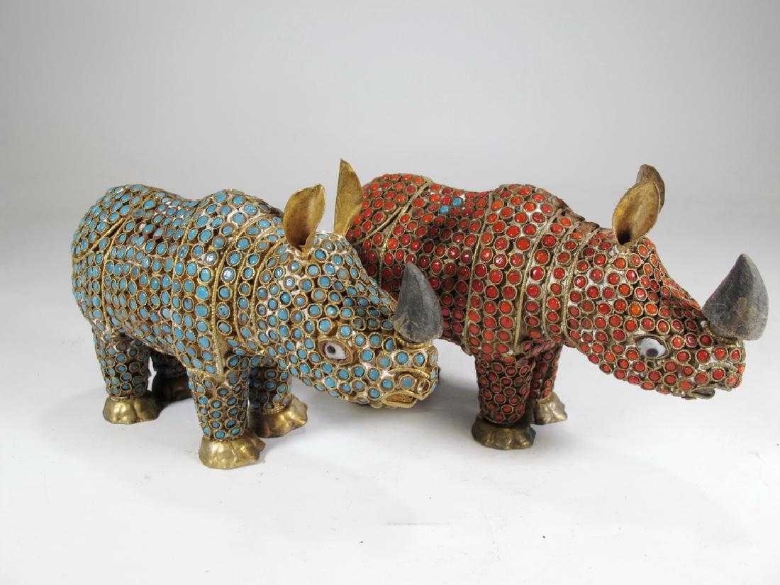 Vintage Chinese brass turquoise & coral rhinol statues (1 of 7)